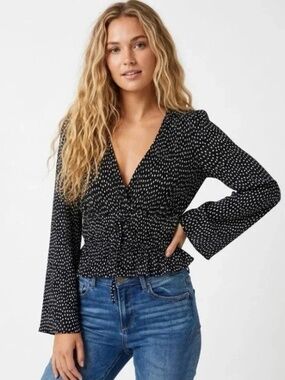 Zara Pleated Peplum Top - Black with White Polka Dots